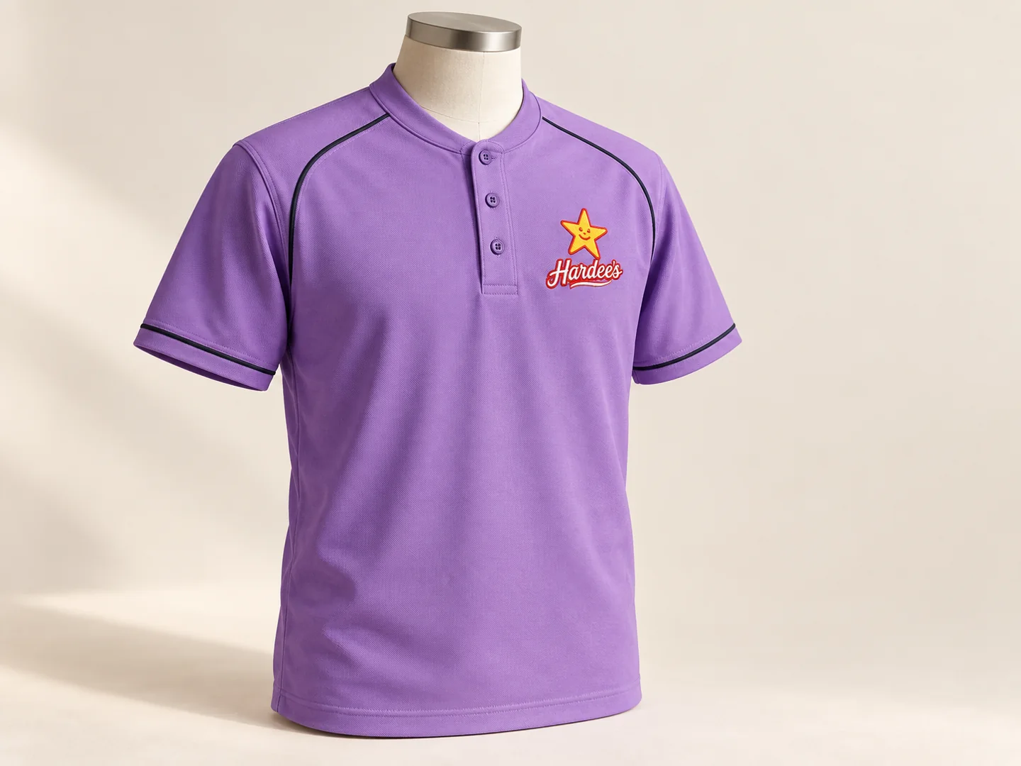 Hardee’s purple polo