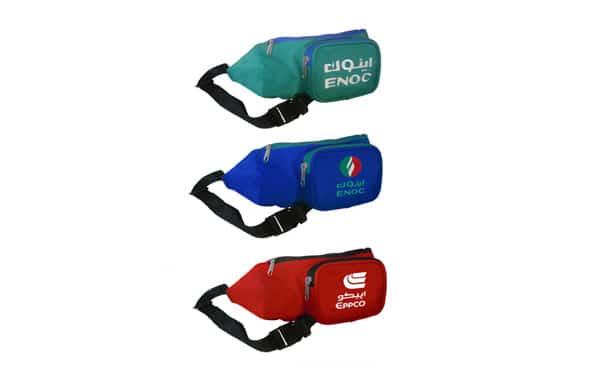 Green, blue and red ENOC and EPPCO branded waist pouches